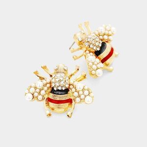 Honey Bee Pearl (faux) Red & Black Earrings